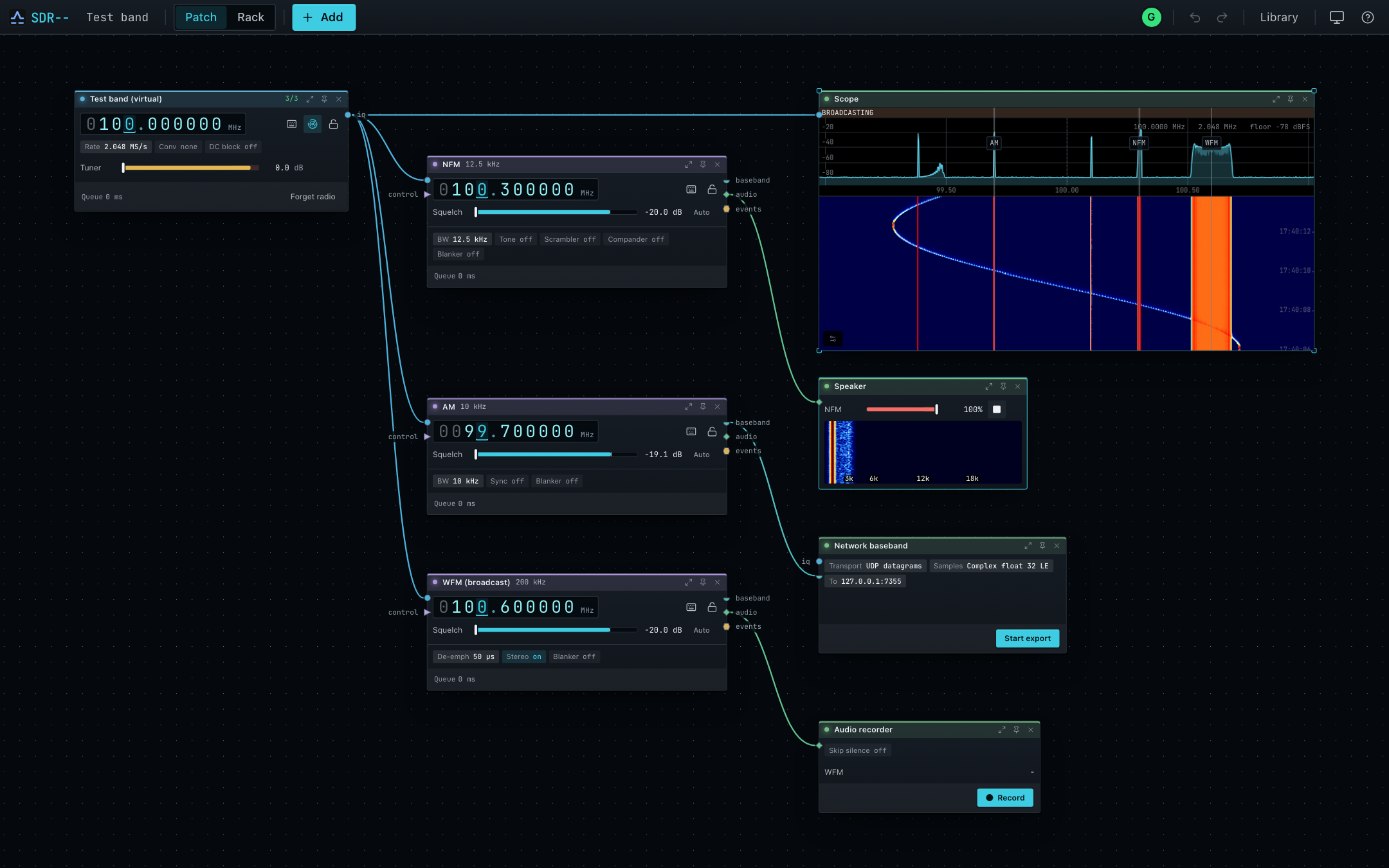 A receiver patch with three channels, a speaker, recording, and network IQ output