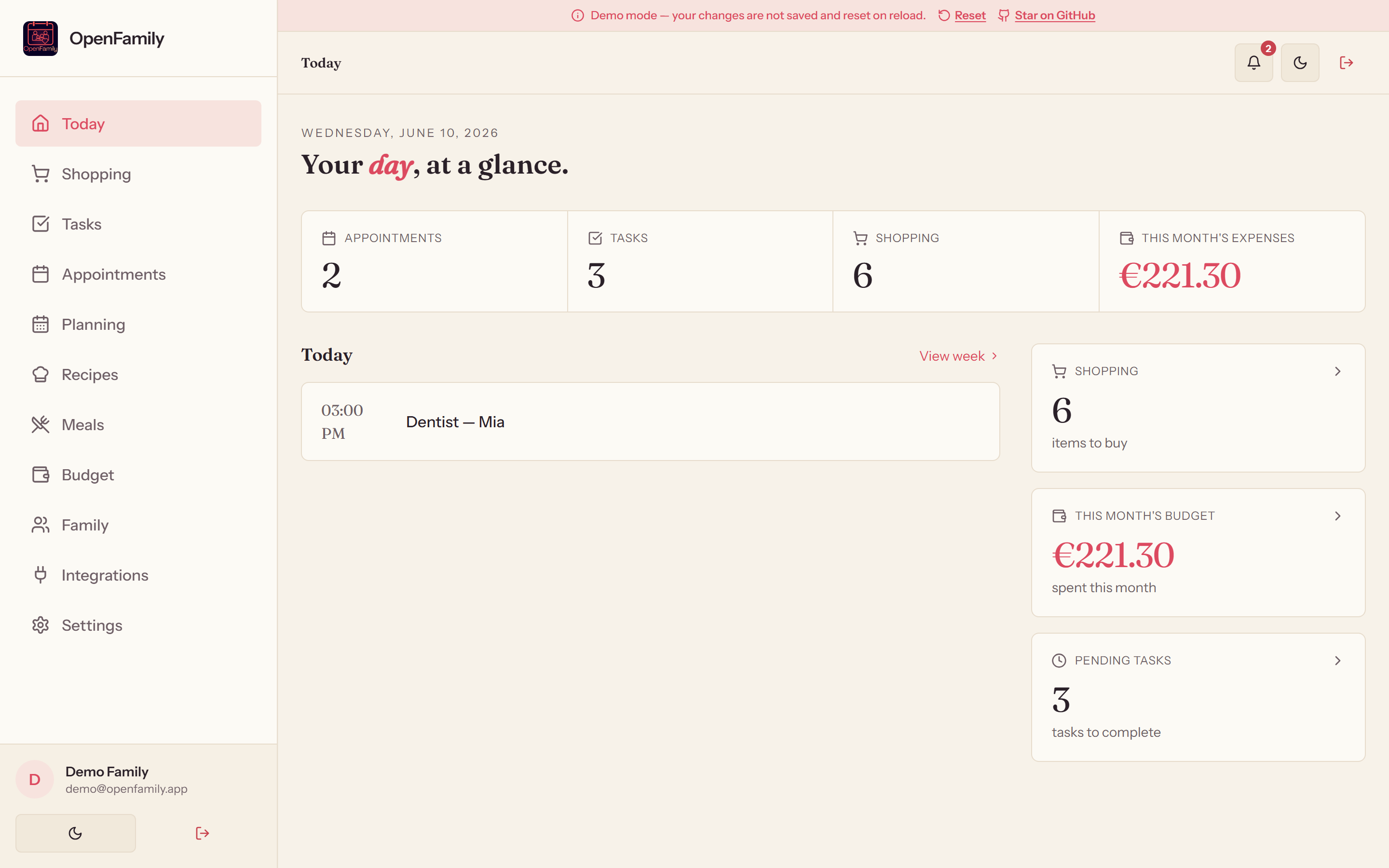OpenFamily dashboard