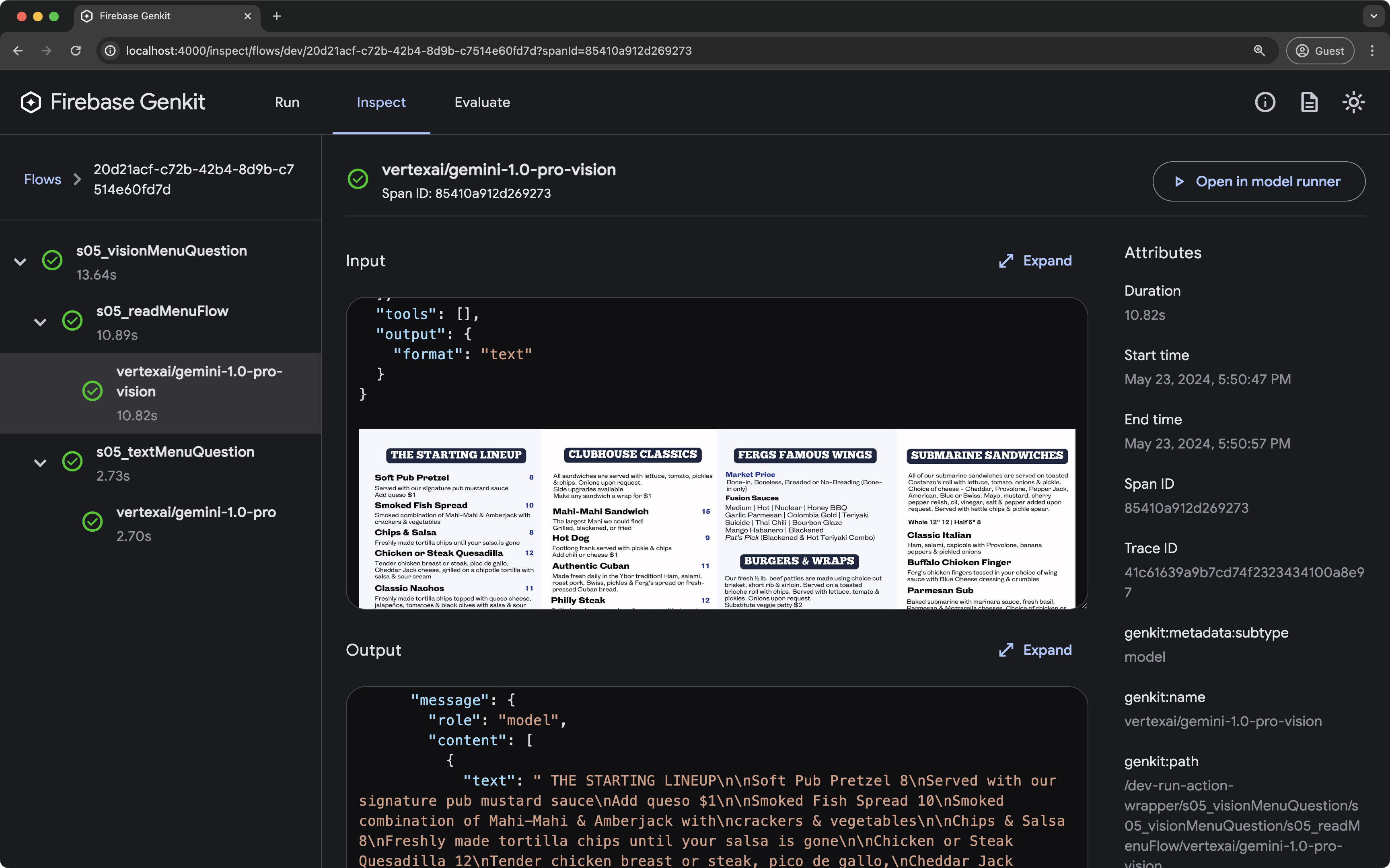 Screenshot of Genkit Developer UI showing traces