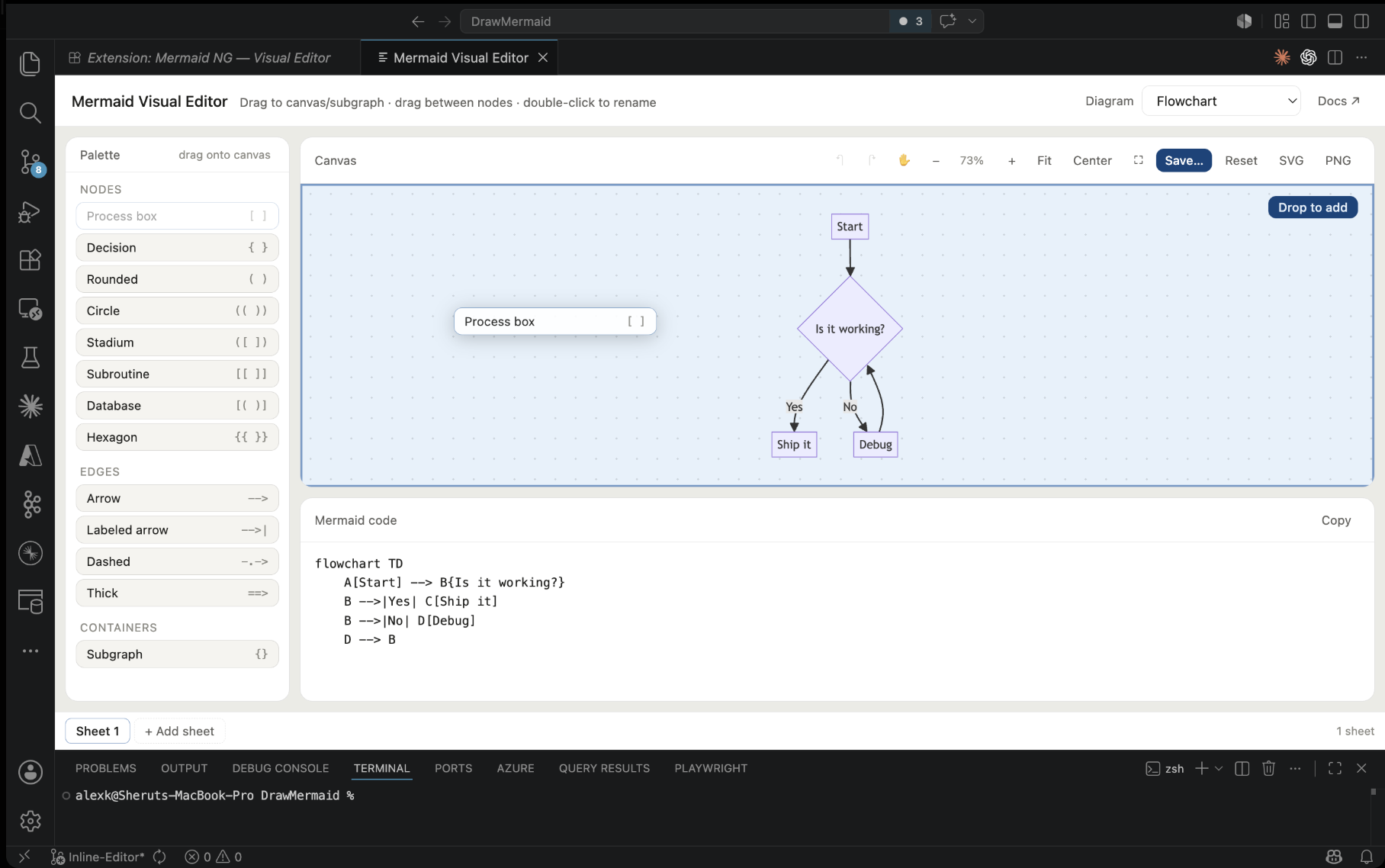 Drag-and-drop a shape — Drop to add target appears, source updates in real time