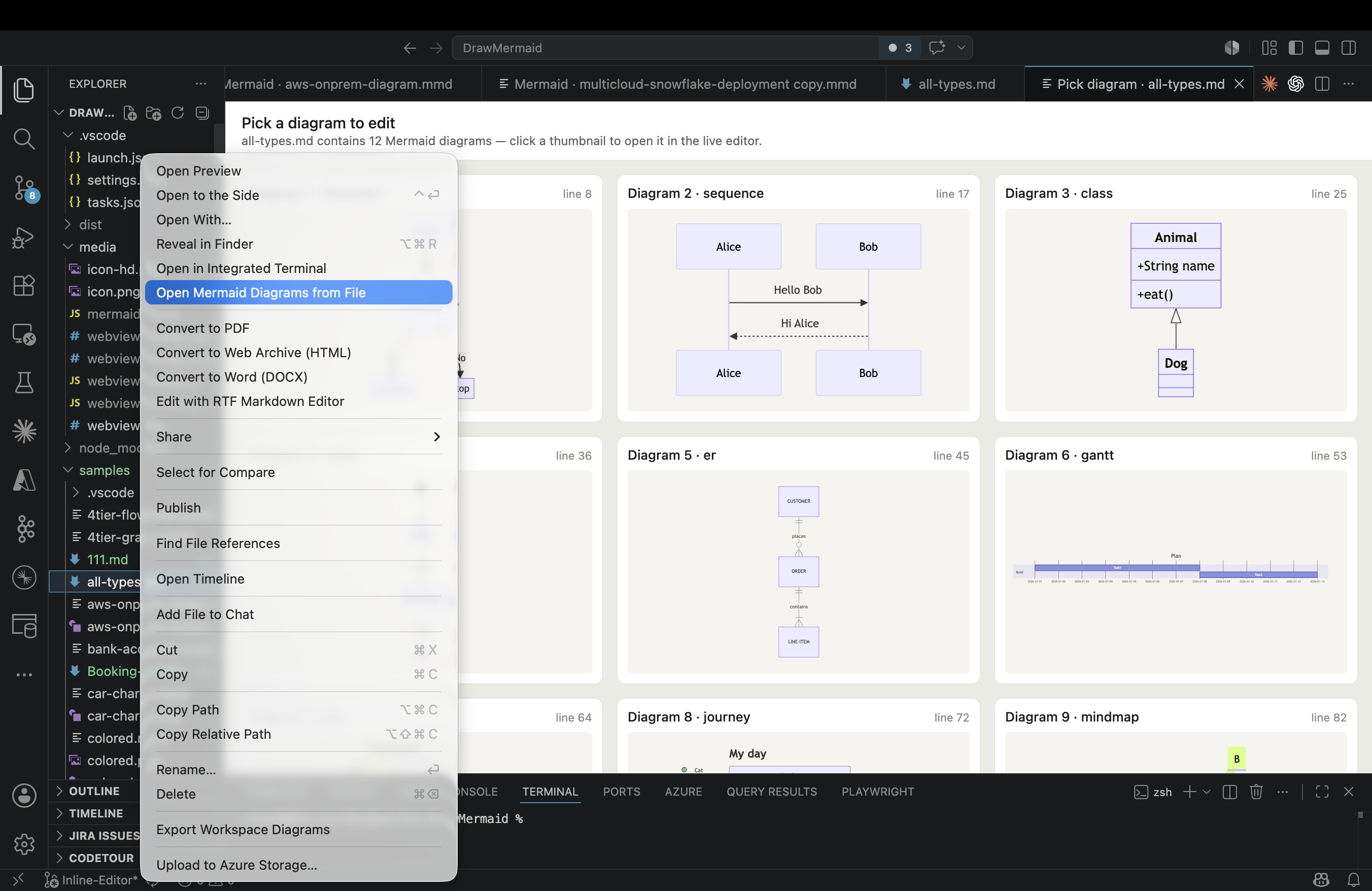 Multi-diagram files show a thumbnail picker before opening