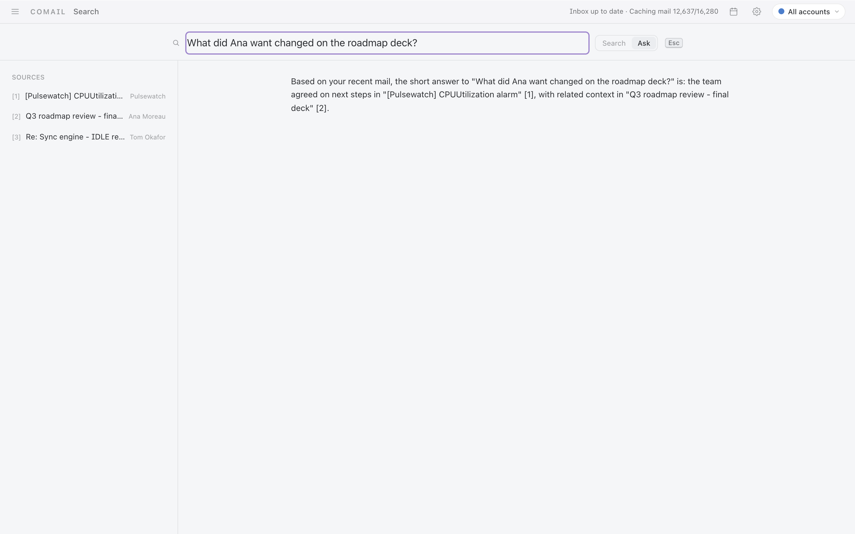 Comail asking a question across the inbox, with cited sources