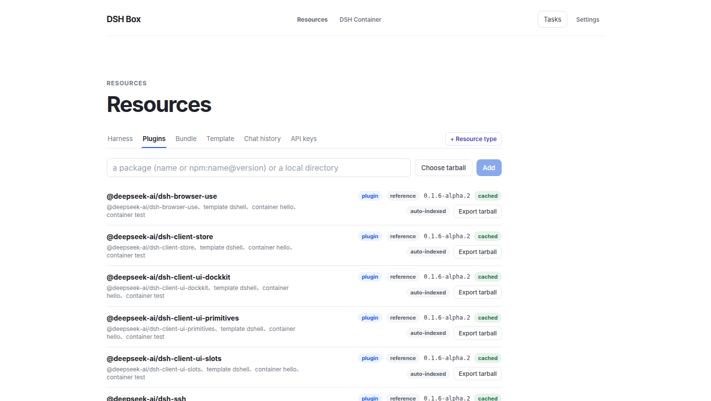 The plugin list: one row per installed plugin, with kind, storage, cache state, auto-indexed mark, and the templates and containers it came from
