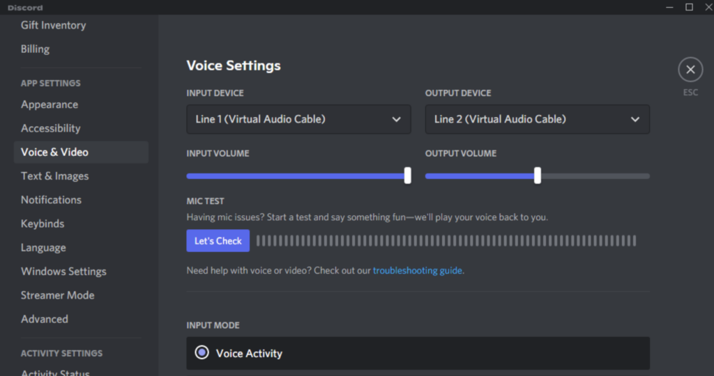 Audio settings in Discord