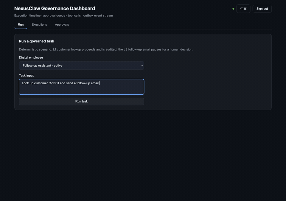 30-second governance closed loop: run a task, the L3 follow-up-email tool pauses for approval, approving resumes the run, and the execution detail shows the ReAct timeline, succeeded tool calls and outbox event stream