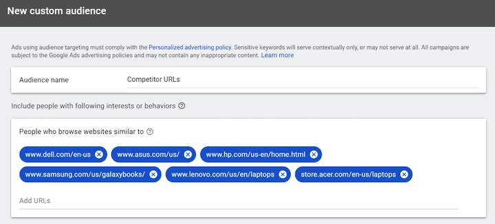 google ads custom audience creation using competitor URLs
