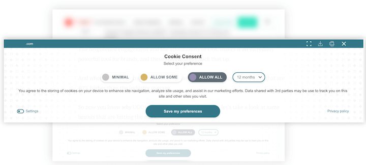 cookie consent banner example with preference options