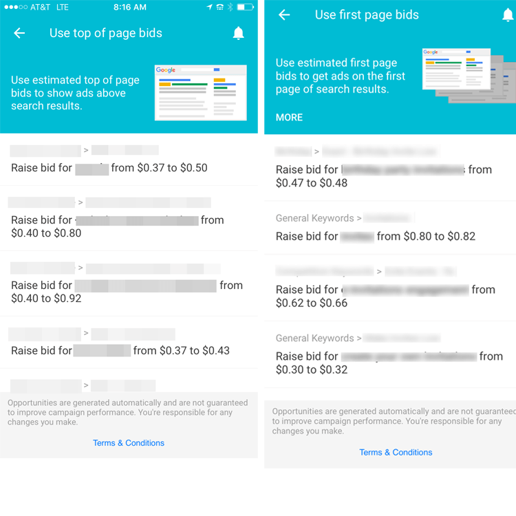 AdWords app iOS bid adjustment options screenshot