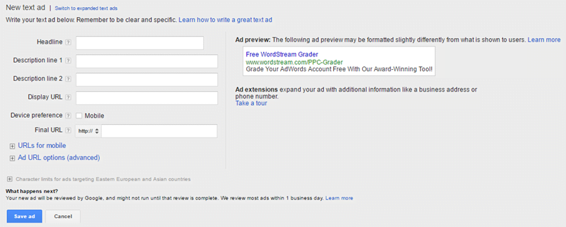 expanded text ad interface within the adwords ui