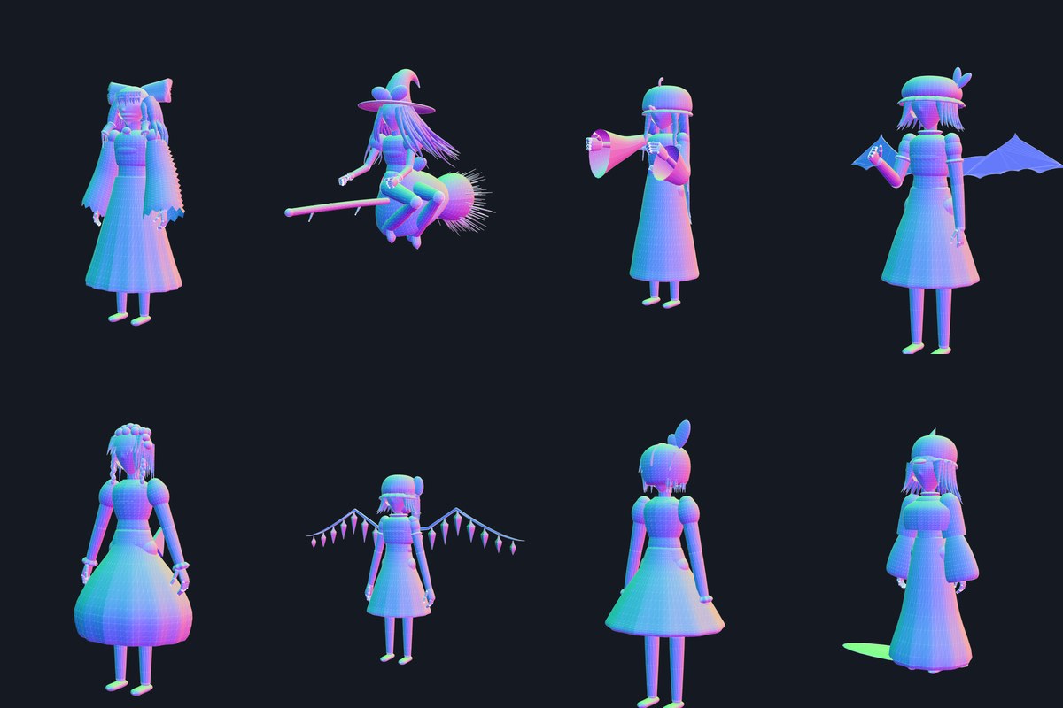 The eight characters as 3D models