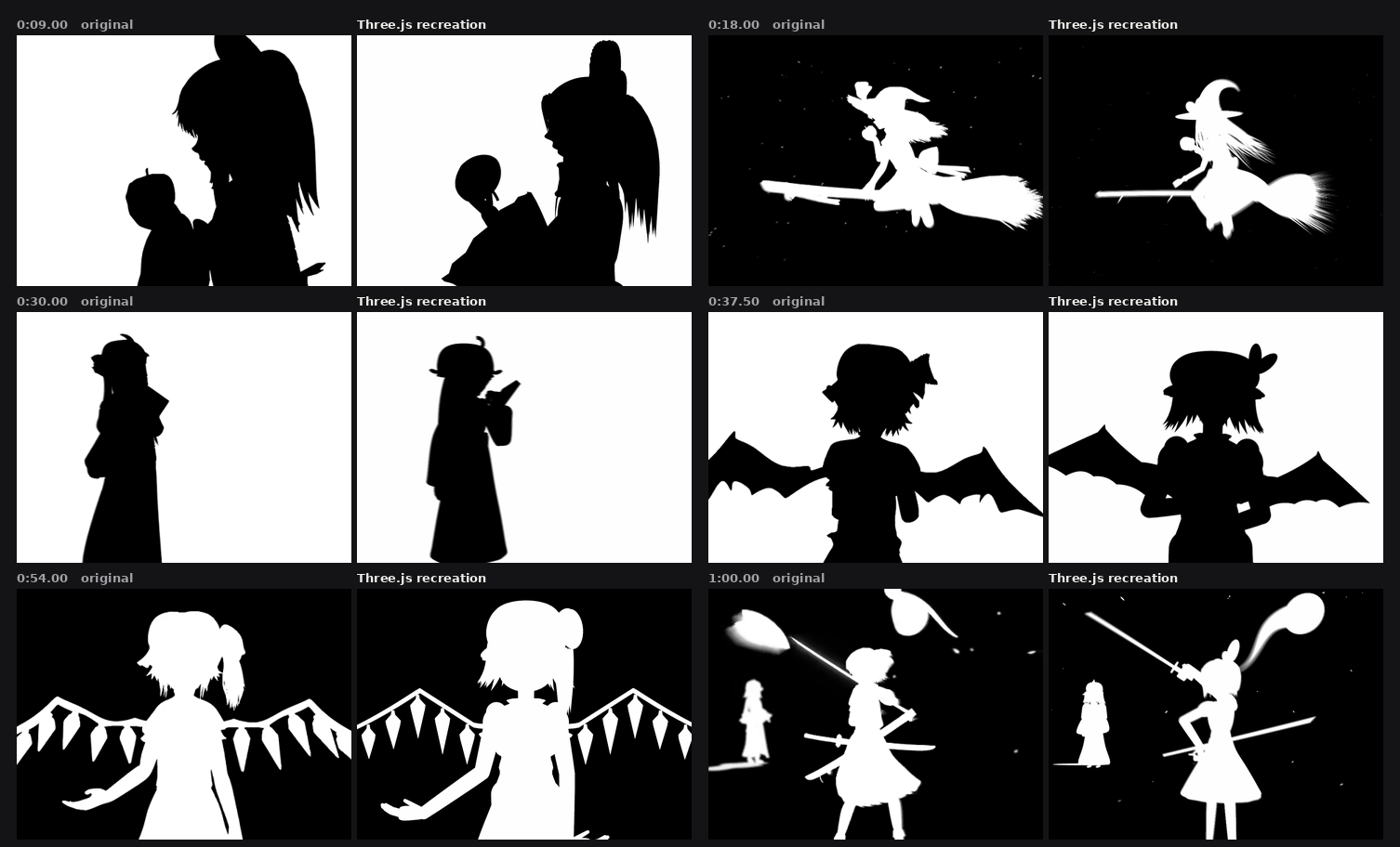 Six moments of the original next to the Three.js recreation