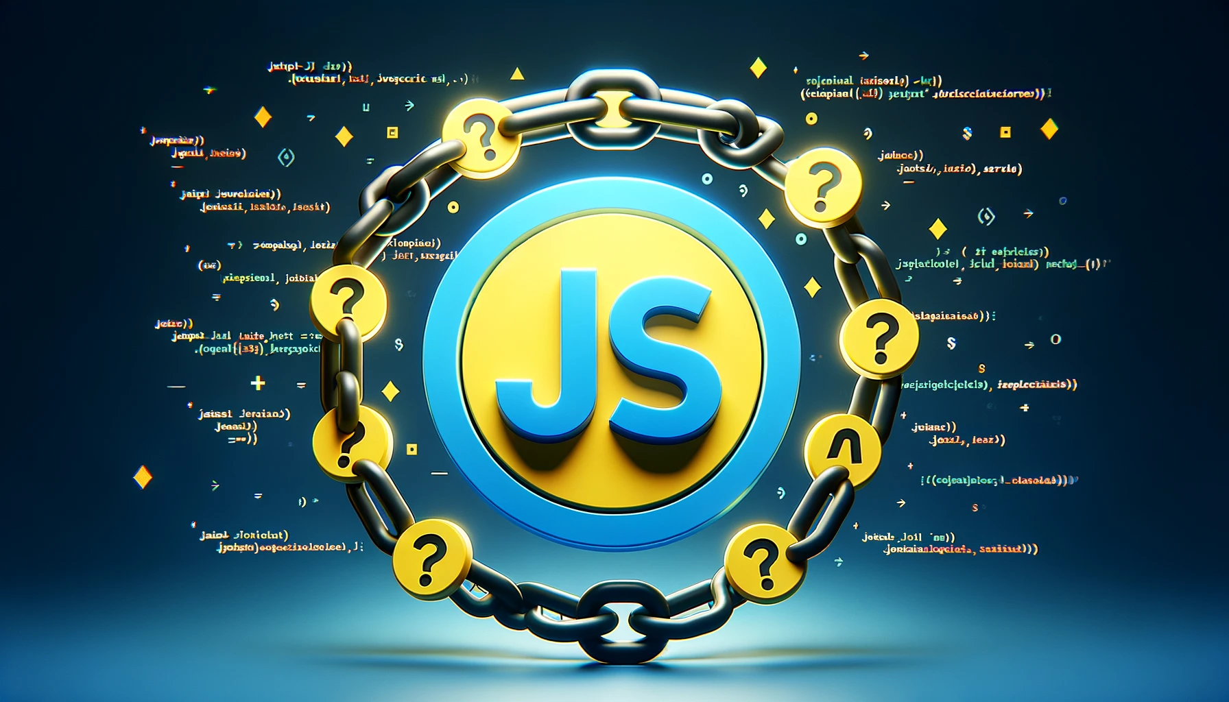 Modern design featuring JavaScript symbols and chain links with question marks, set against a tech-oriented blue and yellow background, illustrating the concept of Optional Chaining in web development.