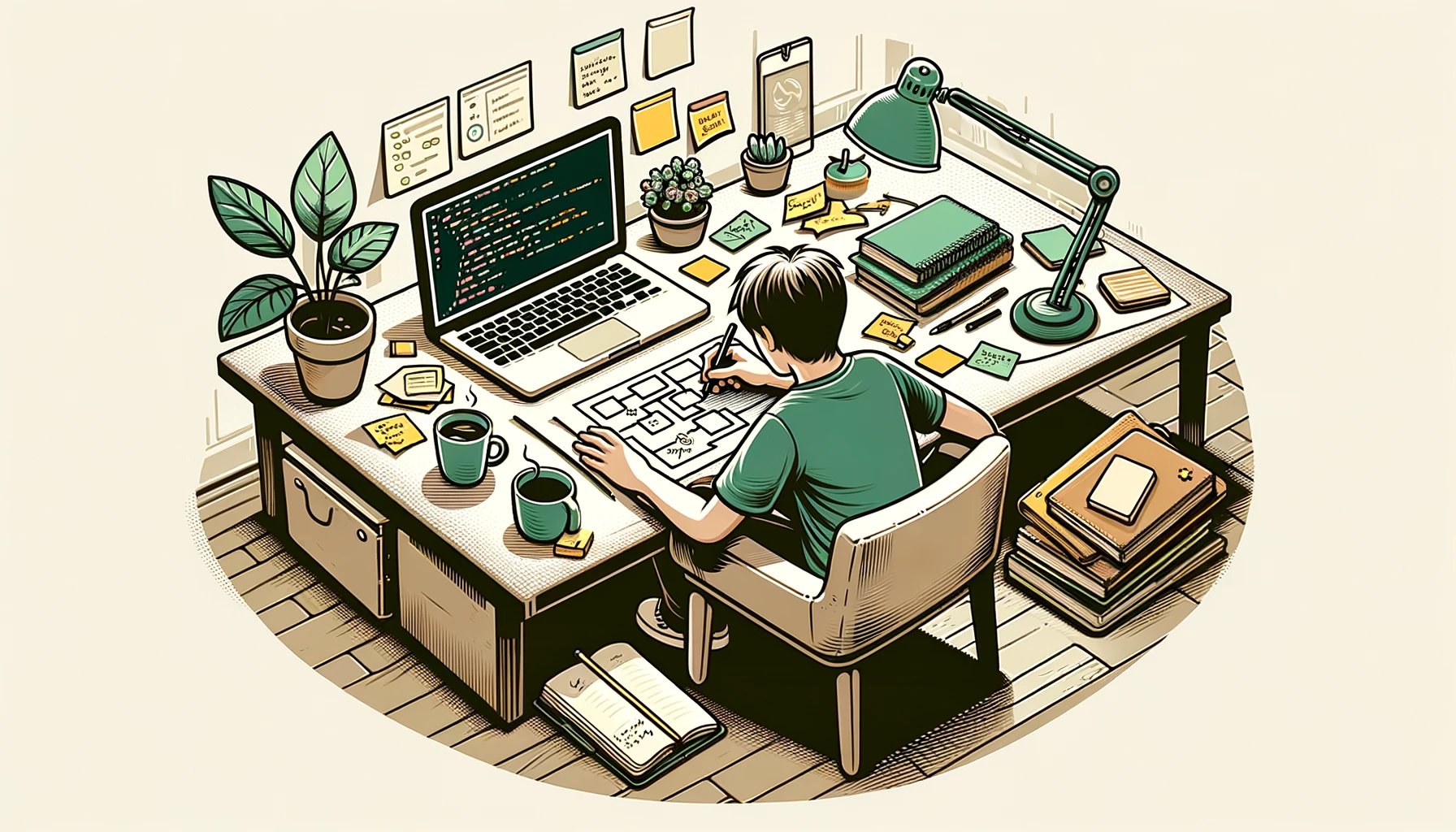 Illustration of a man at a desk drawing a map with an open laptop