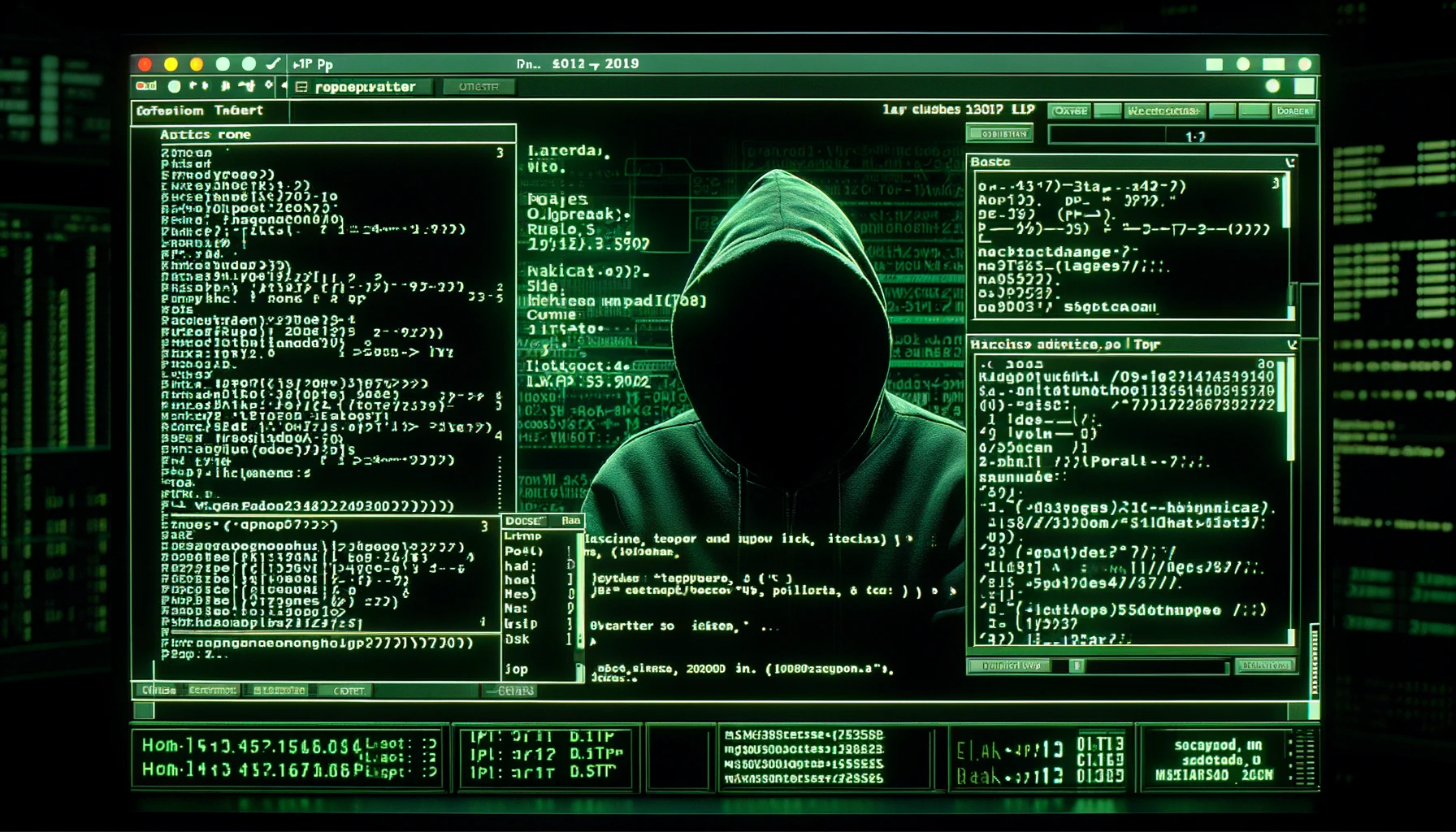 Hacker's computer terminal with green text on black background, featuring code, IP addresses, and network diagrams.