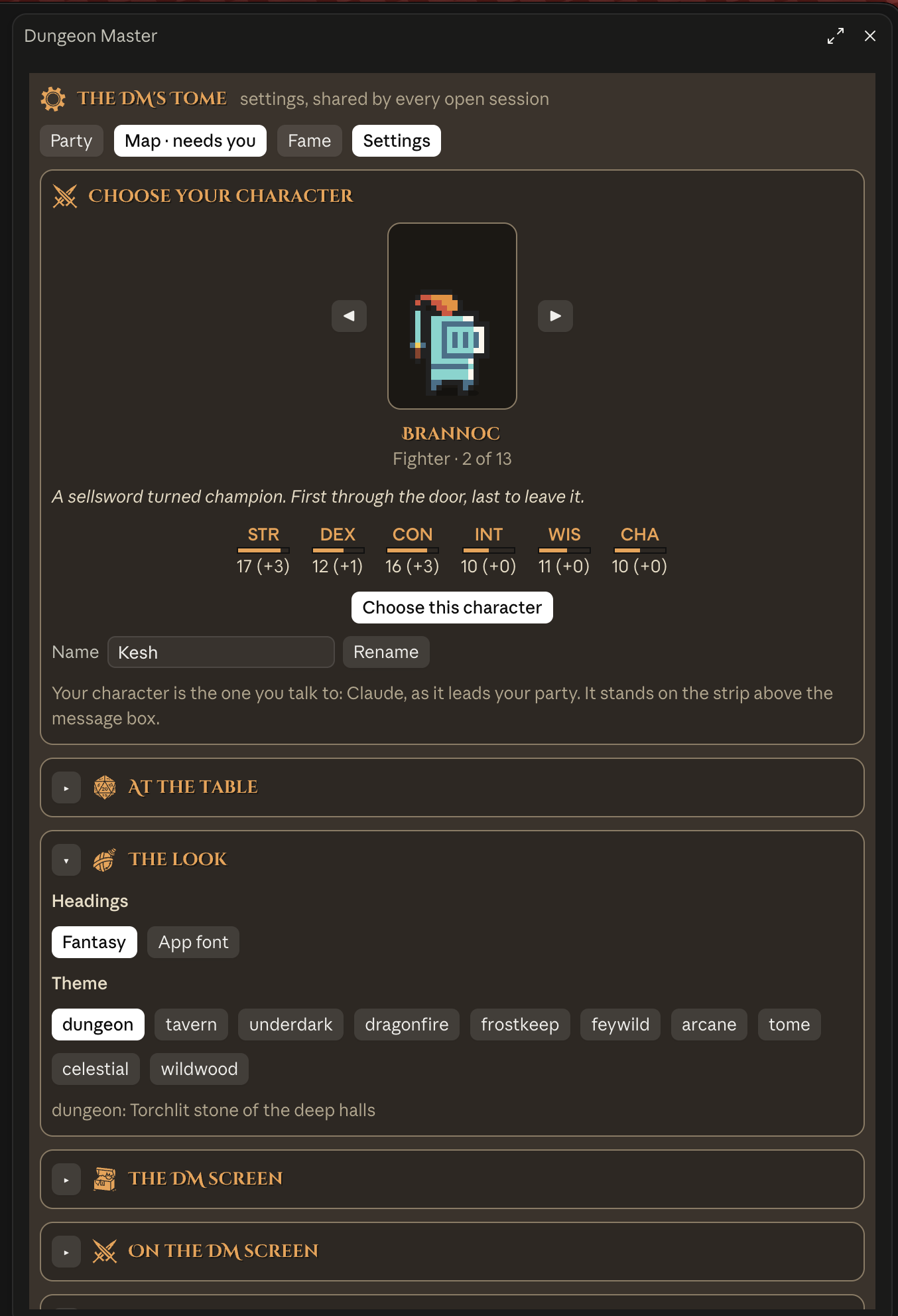 A character select screen with tale and ability scores