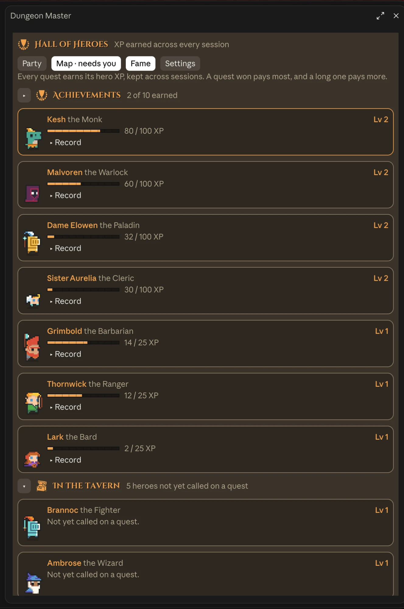 Each hero's level and XP across sessions