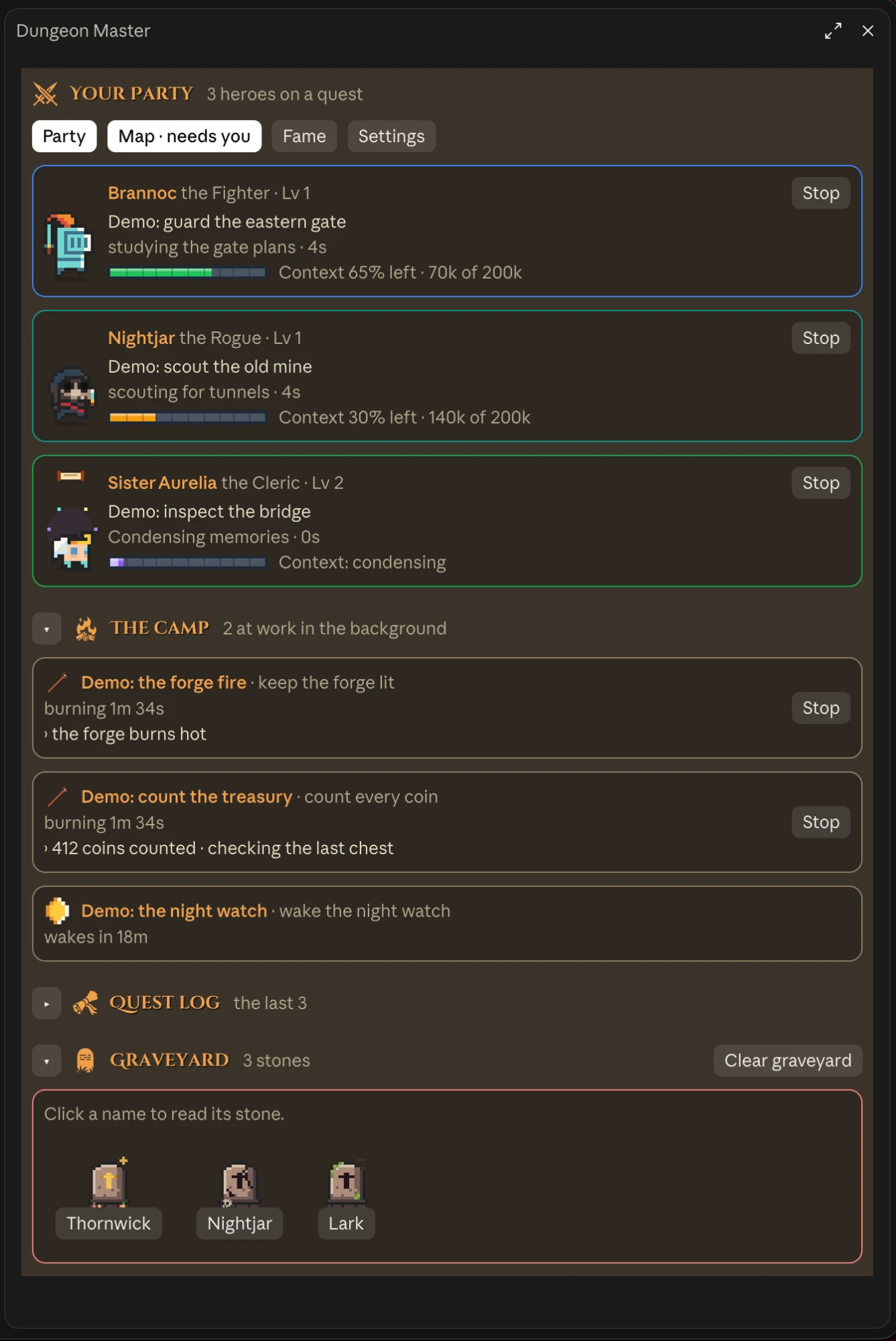 Pixel heroes on quests with context bars, the camp and the graveyard