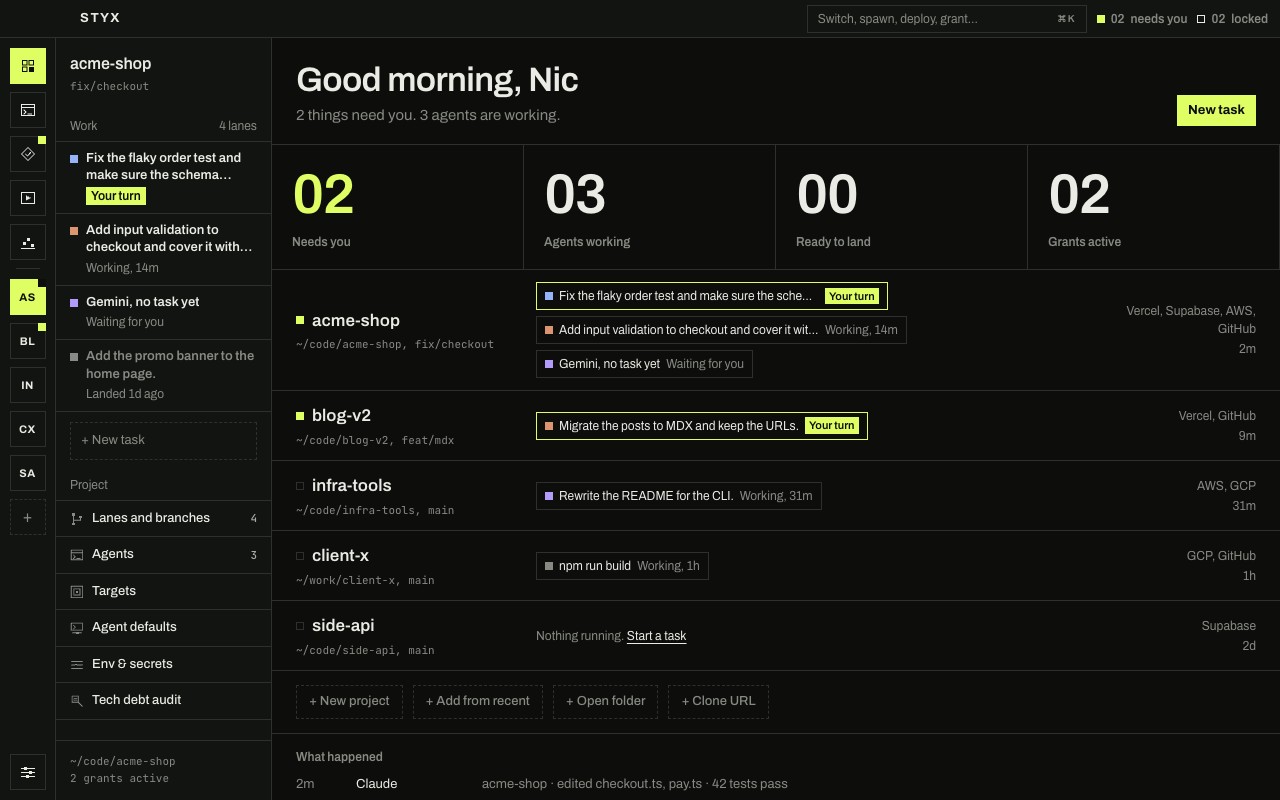 Home: five projects in one window, each with its tasks and status, and counters for what needs you, what's working and what's ready to land