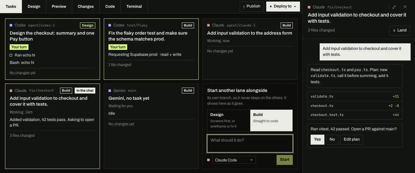 Tasks: five tasks side by side, two waiting on you, with the chat for the one you're looking at