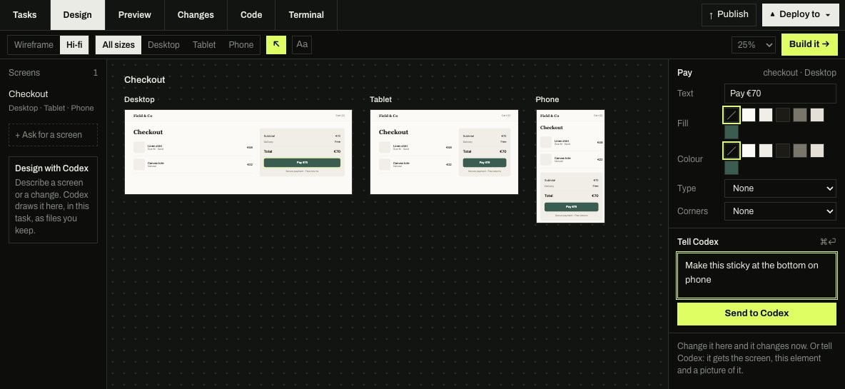 The Design canvas: a checkout screen at desktop, tablet and phone sizes, with an element selected and a message to Codex