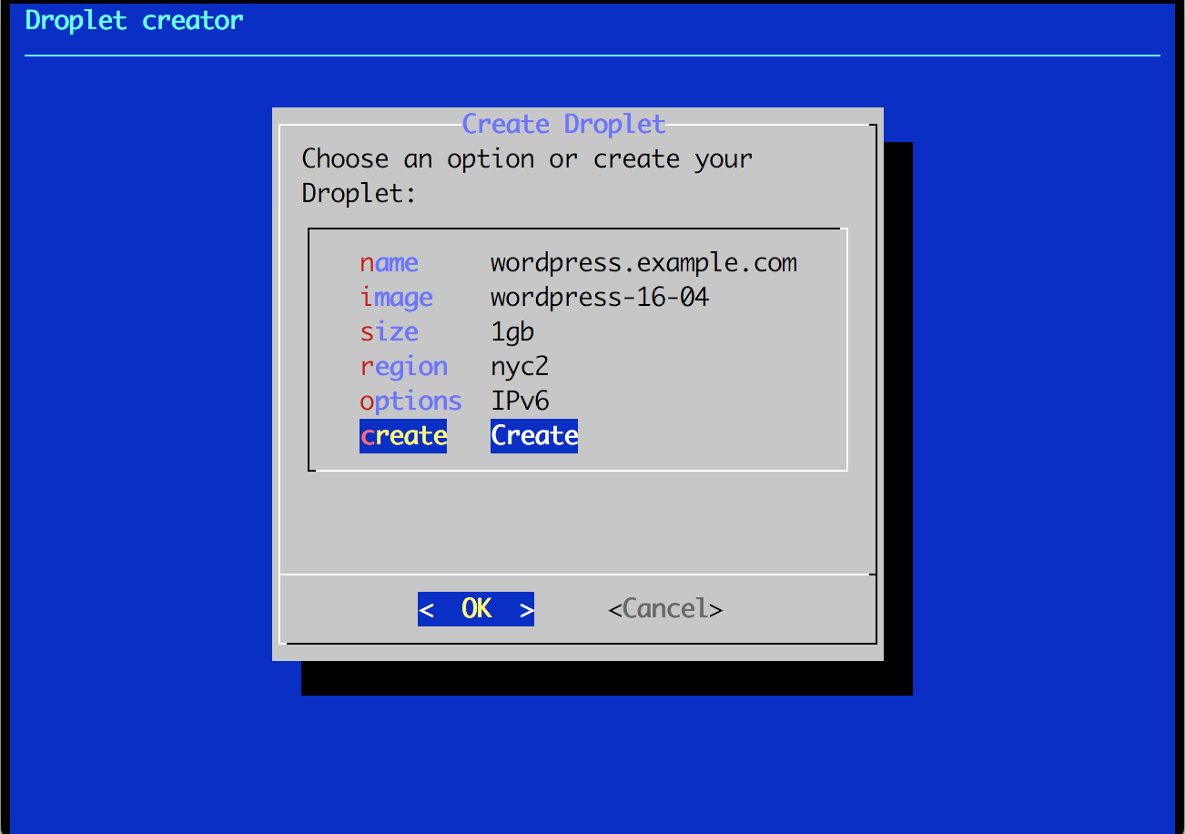 The dodc main menu lists options for creating and configuring a Droplet.