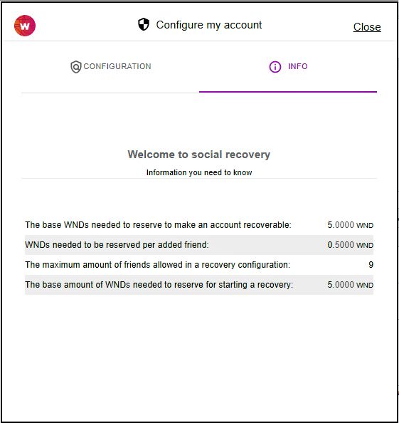social recovery info tab