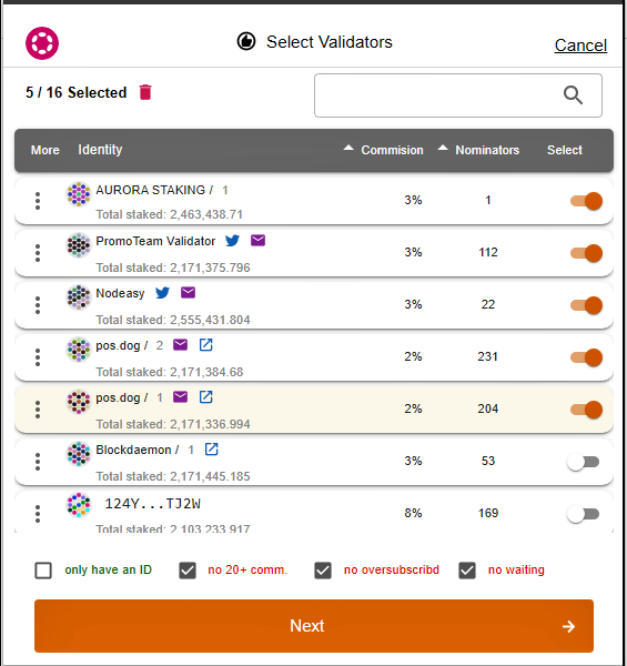 select validators page screenshot