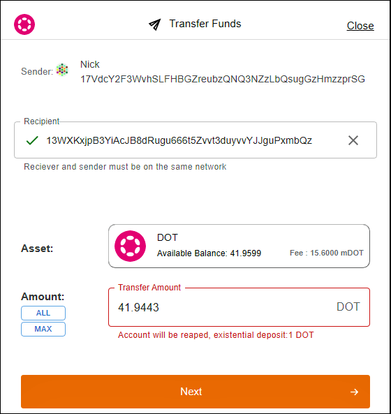 transfer funds page screenshot