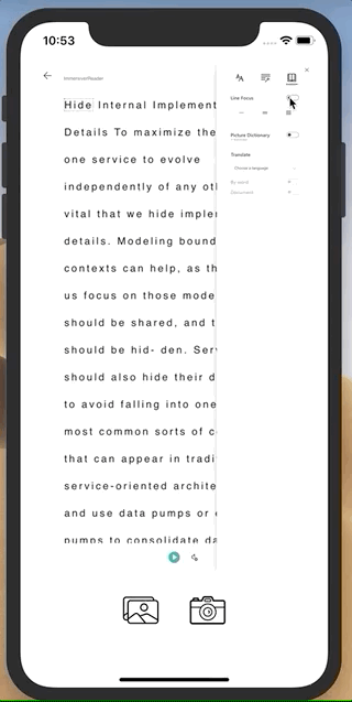 An animated gif of the app where the immersive reader's options are shown. Enables line focus item and a gray overlay on the reader obscures only a few lines. Enables the sylables option and the reader's words split in to sylables. Enables the noun highlighting and the nouns in the reader's page turn purple. Increases the text size and the reader's text gets substantially larger