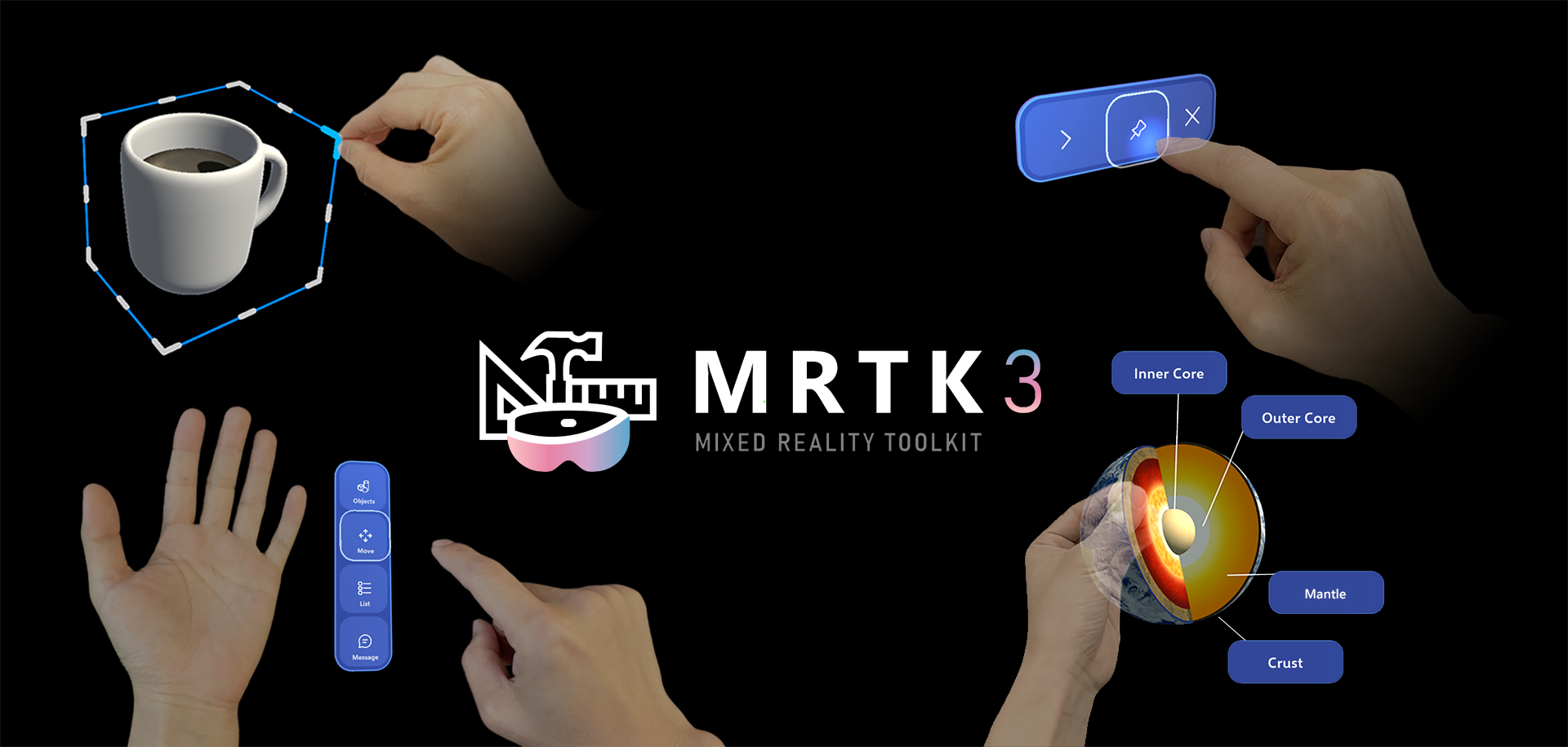 MRTK3 in-editor tutorials banner that showcases the Bounds Control, Buttons, Hand Menu, and Object Manipulator features in four corners of the image, starting from top left to top right.