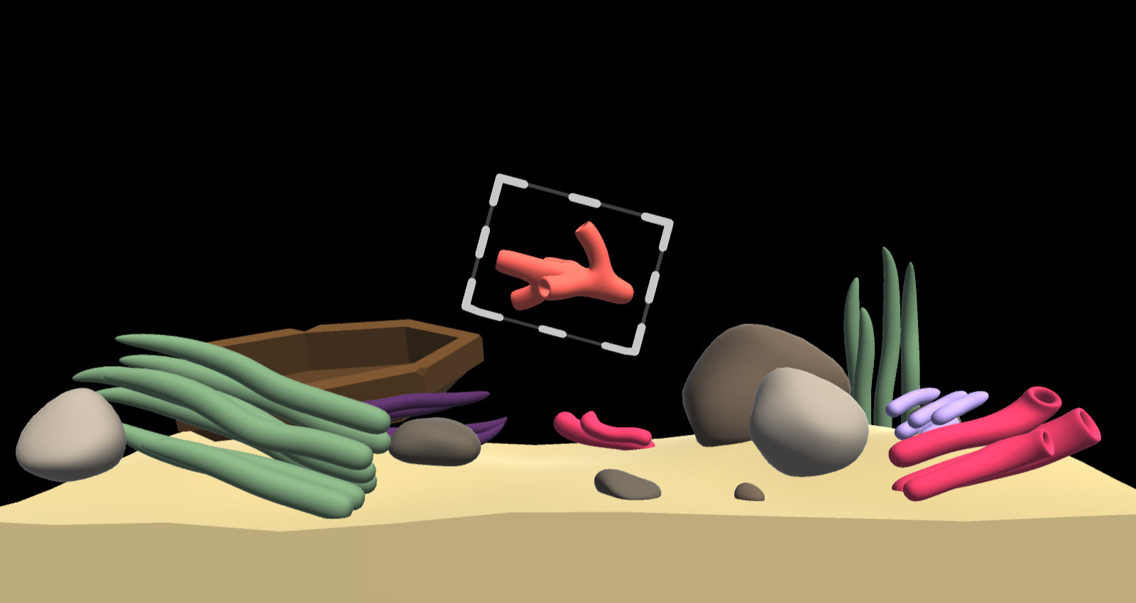 An aquarium scene with coral, rocks, and sea grass spread around the tank. A coral is in the middle with a bounding box surrounding it's shape.