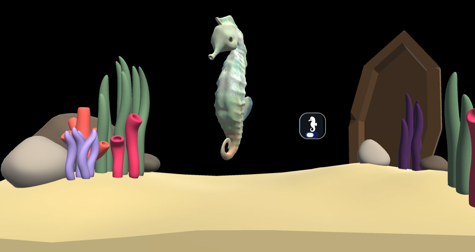 An aquarium scene with coral, rocks, and sea grass around the tank. A Seahorse is in the middle of the tank. To the right of the sea horse is a toggle button that has a seahorse icon.