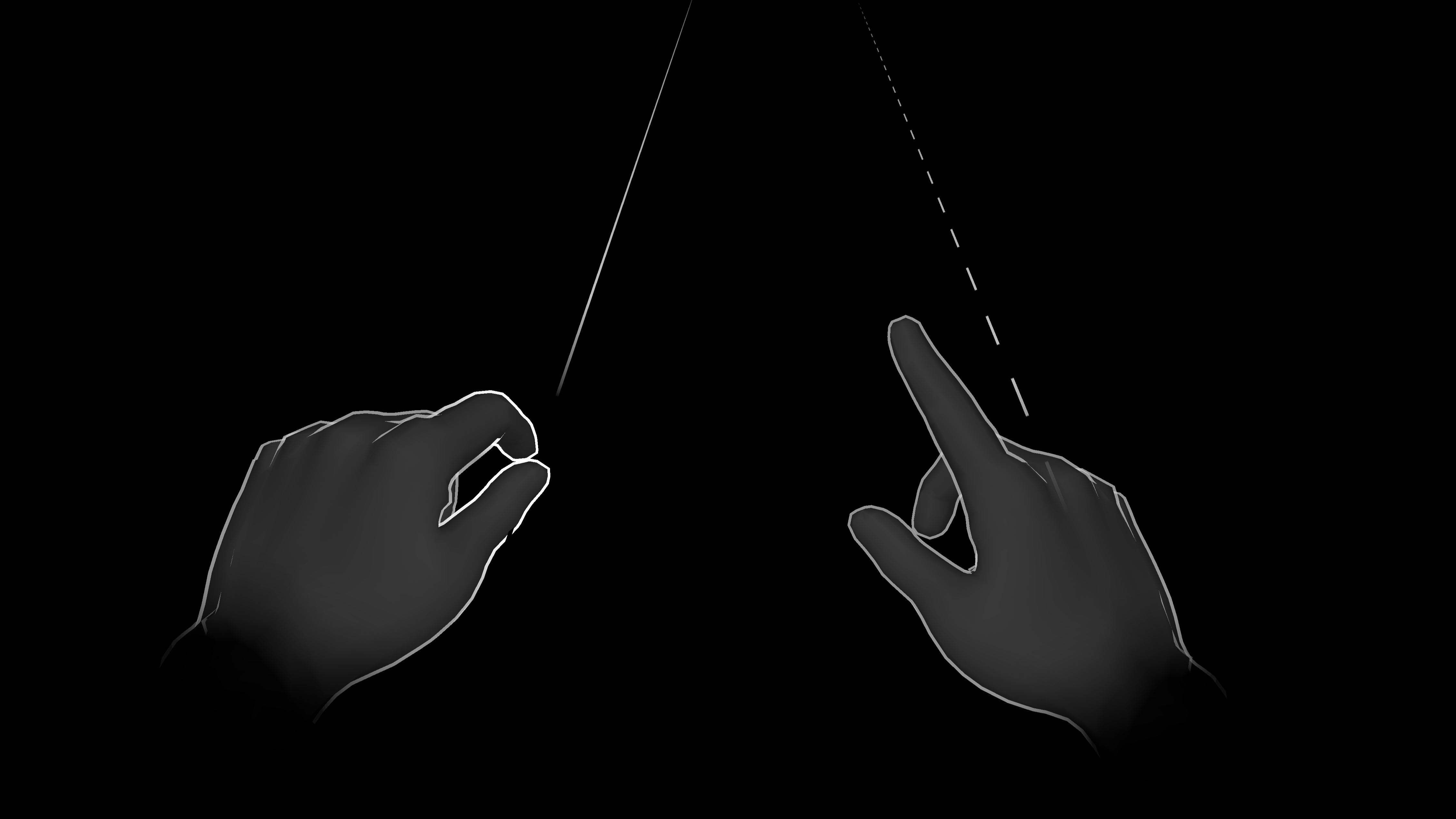 A pair of simulated hands displayed next to one another. A ray is placed in front of each hand.