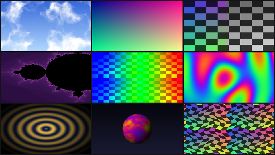 The demo: nine shaders written in C#, redrawn when their file is saved