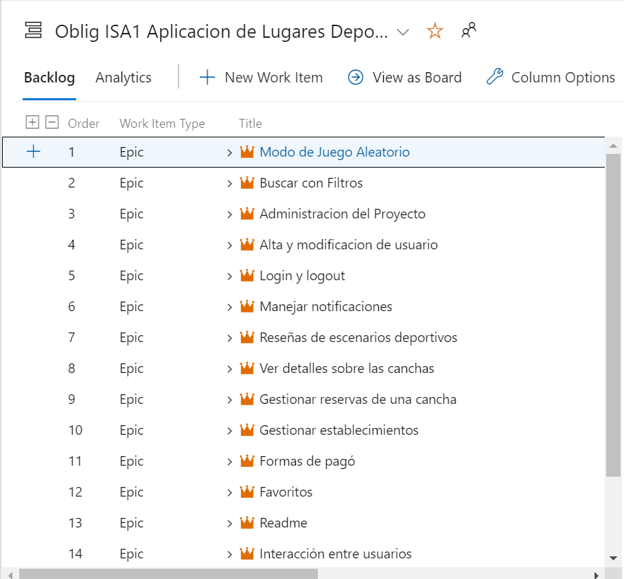 Product Backlog con Epicas