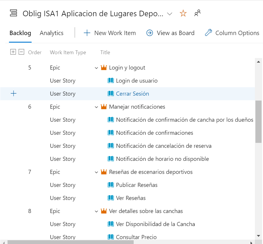 Product Backlog con Epicas