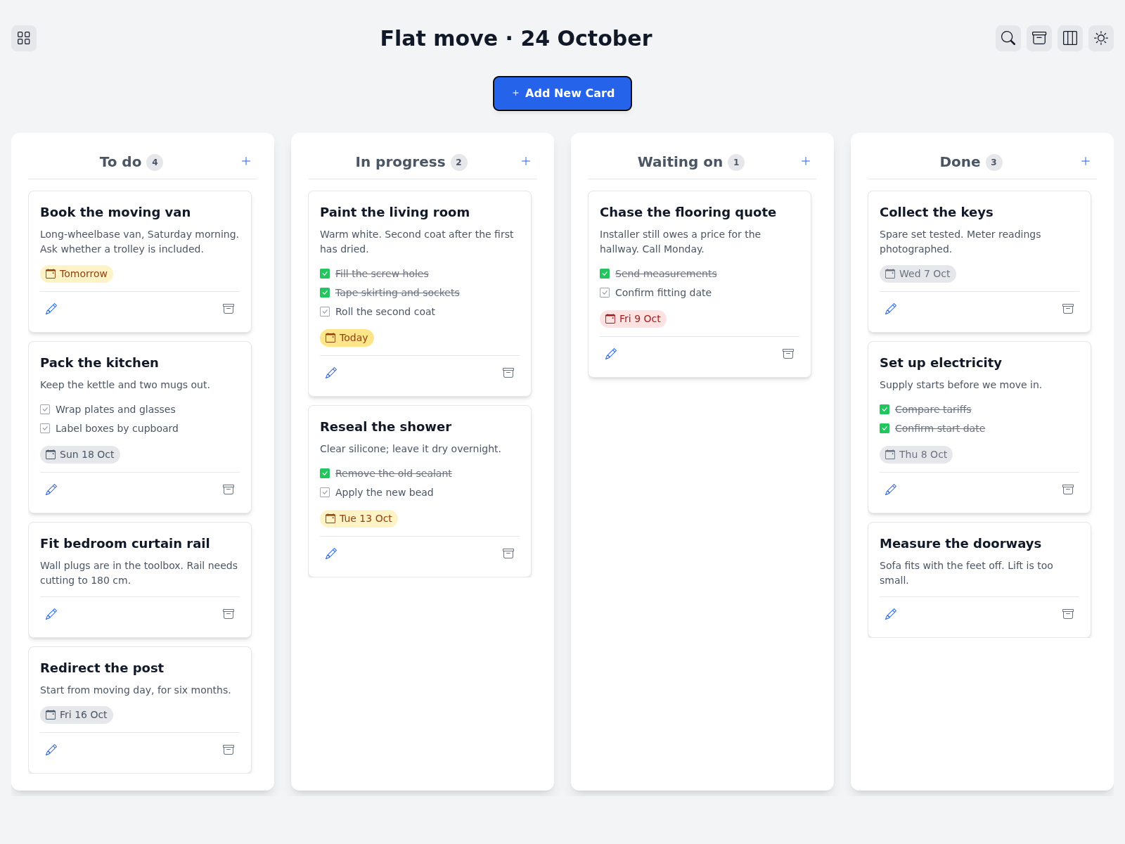 Moving-flat board with tasks, subtasks and due dates across four columns