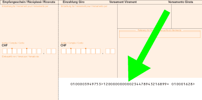 Swiss orange inpayment slip with code line example