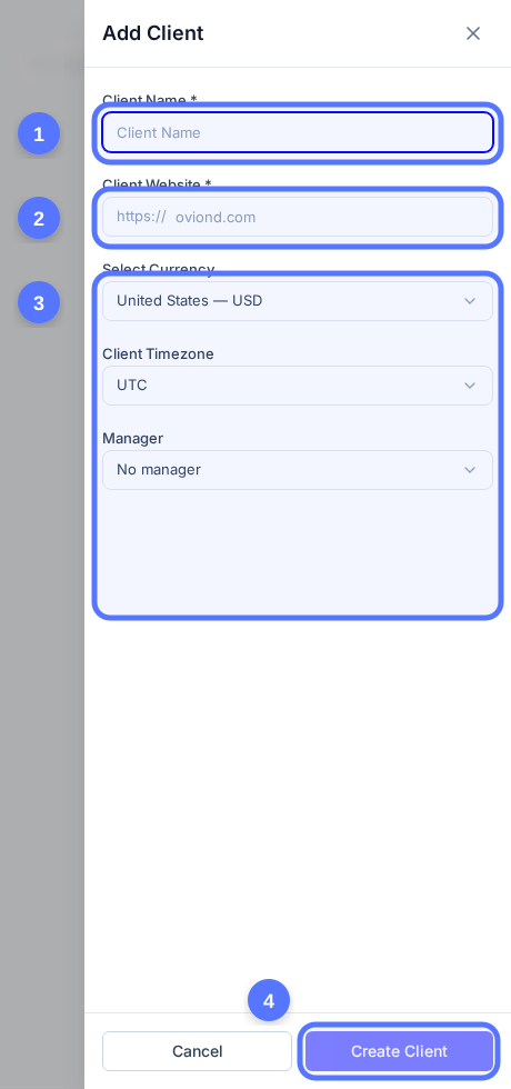 Real Oviond Add Client drawer with numbered fields