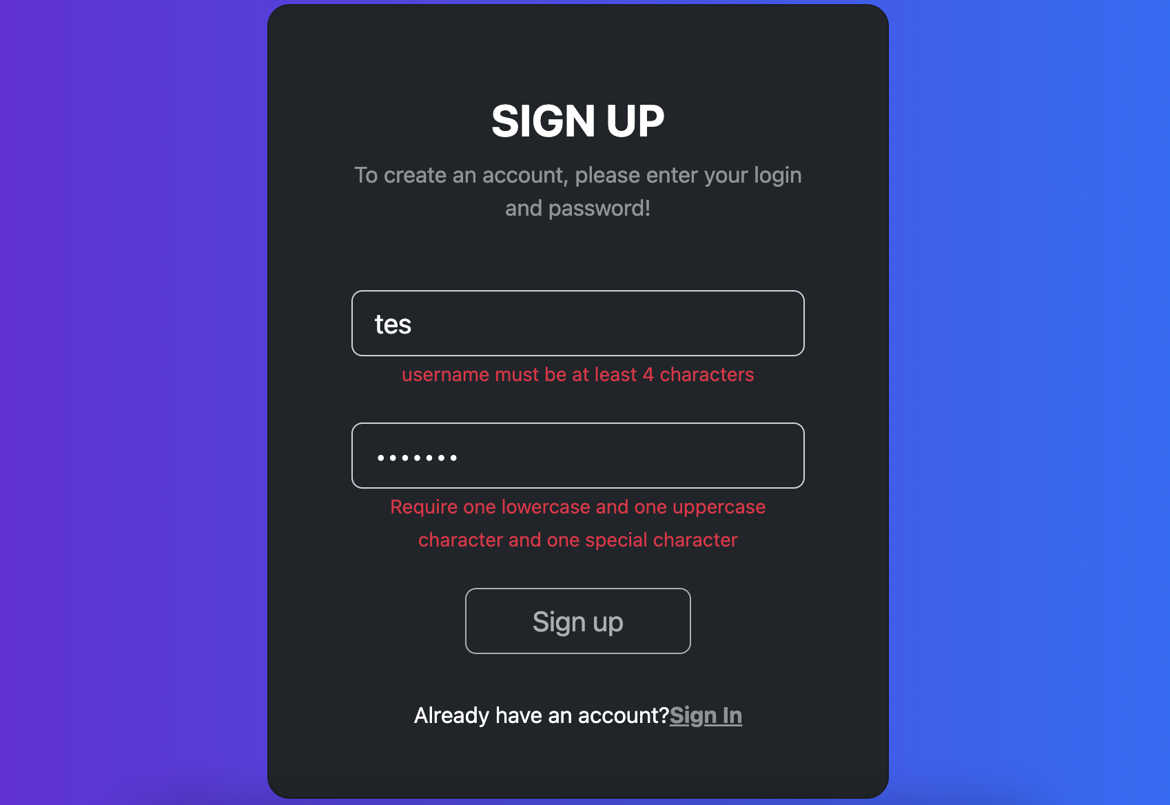 Create account error page screen