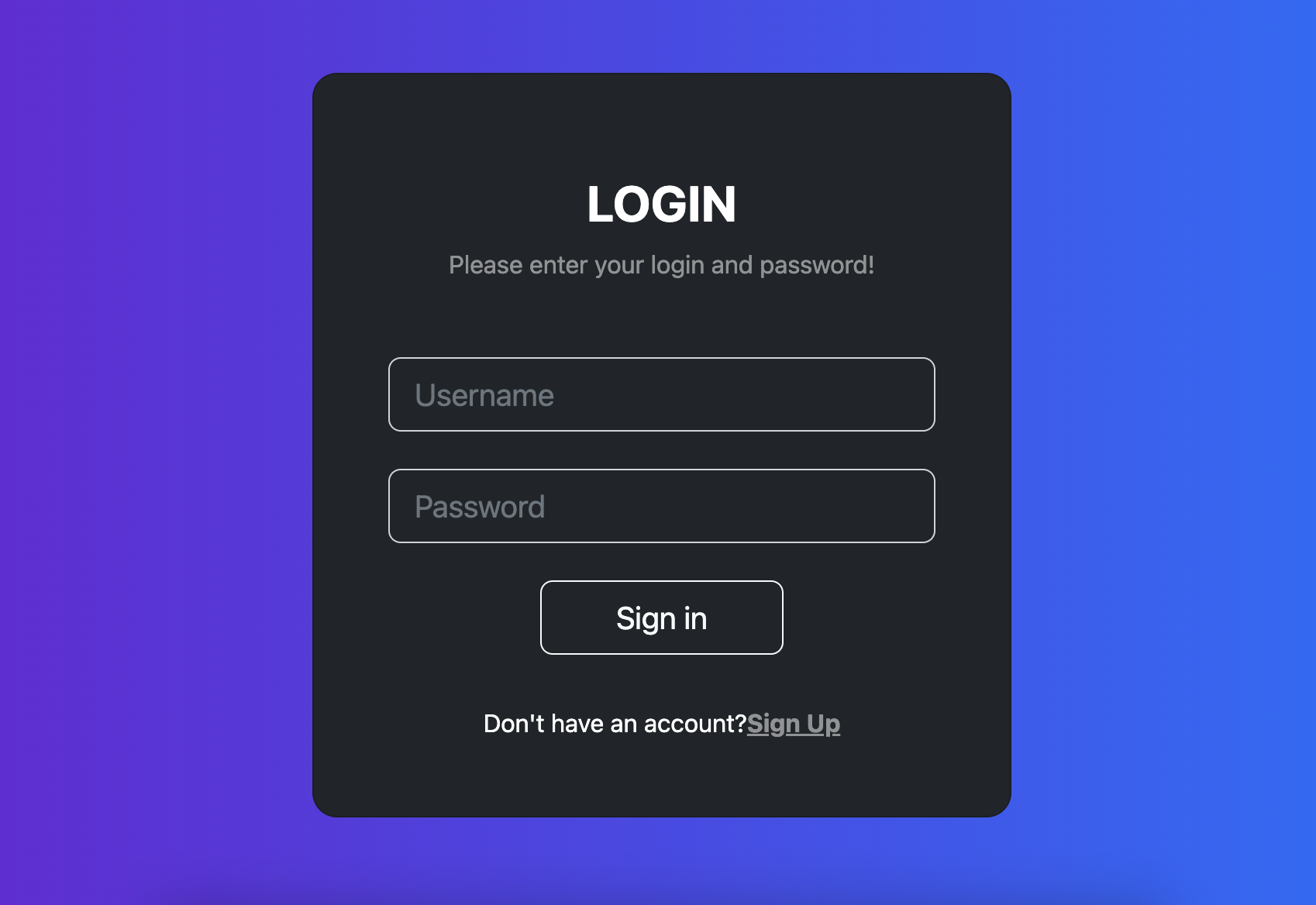 Login page screen