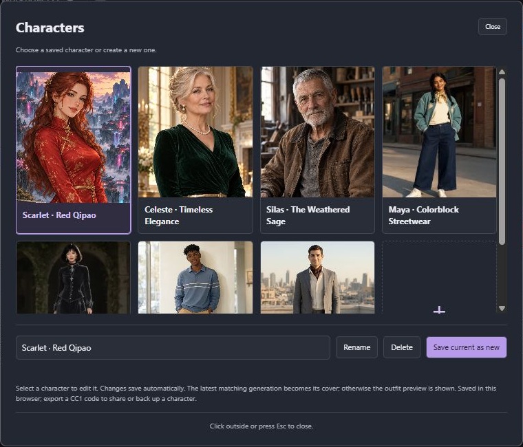 Character library with seven starter characters and a new-character slot
