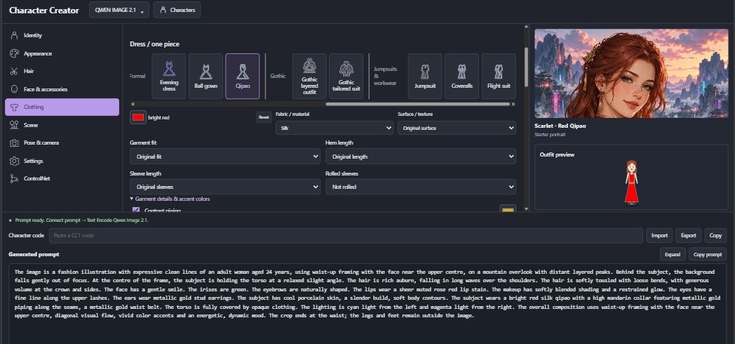 Character Creator clothing editor with garment options, accent colors and a character preview
