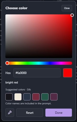 Color picker with hue, saturation, hex entry and a descriptive color name