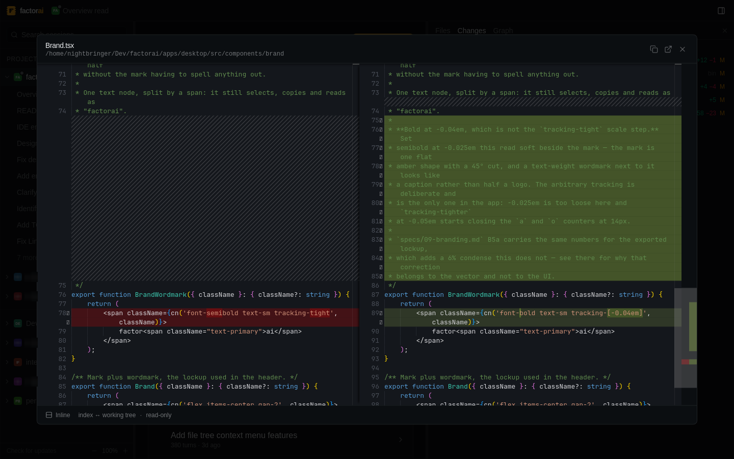 A side-by-side diff of a changed file, index against the working tree