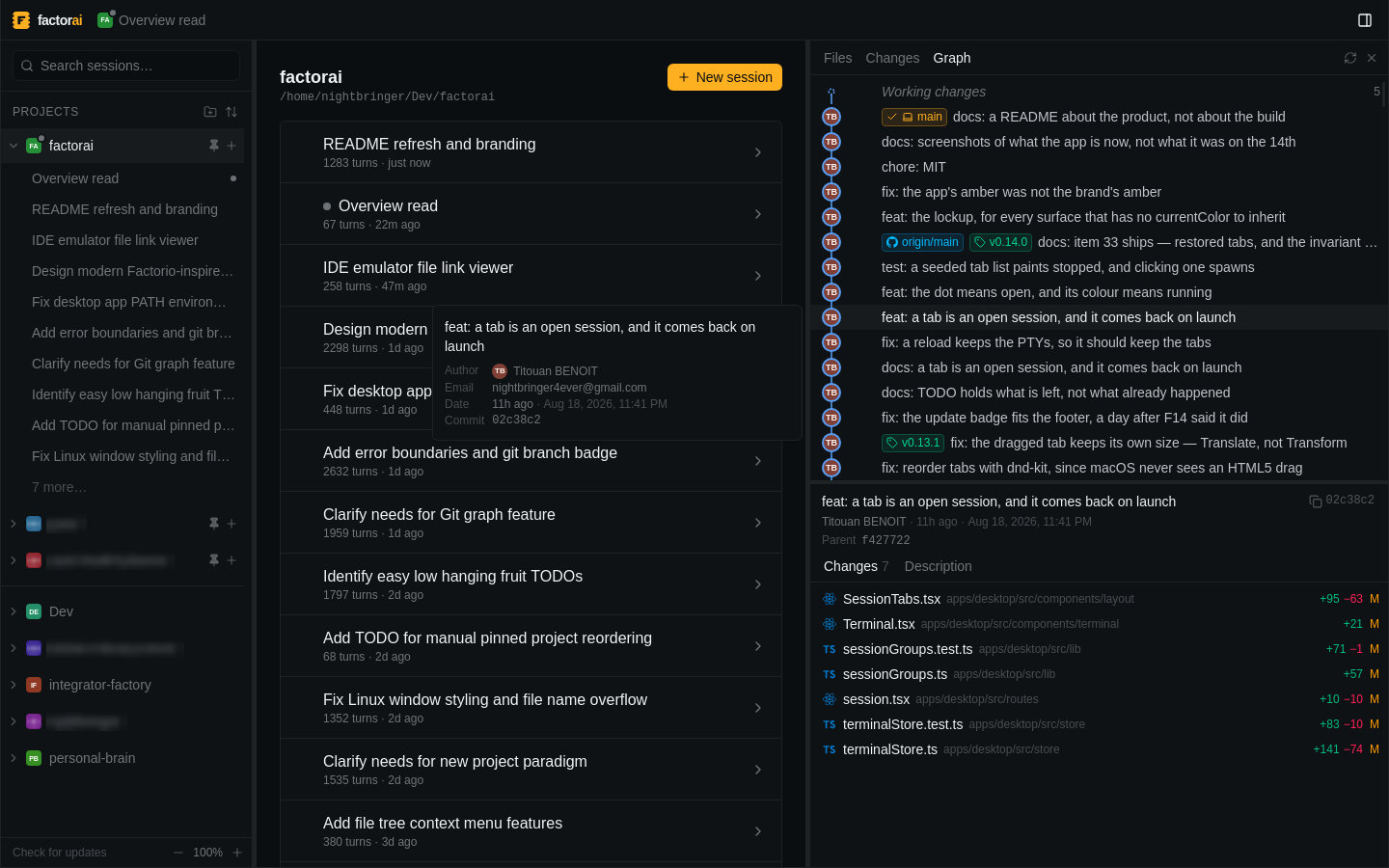 The Graph tab, showing refs, tags and a commit's changed files