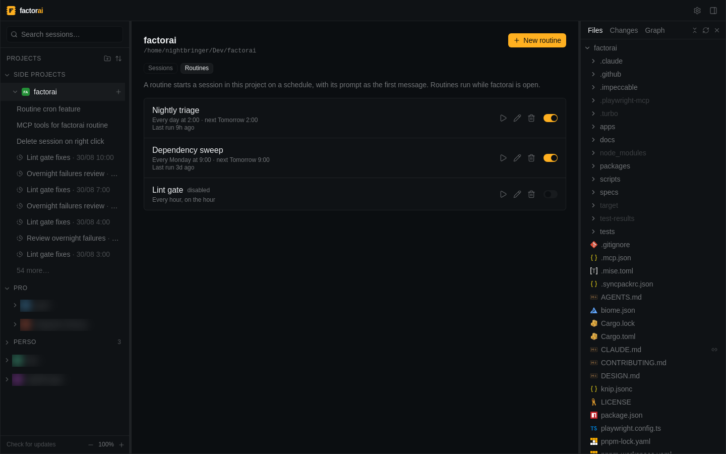 A project's Routines tab: three routines with their schedules, next runs and enable switches