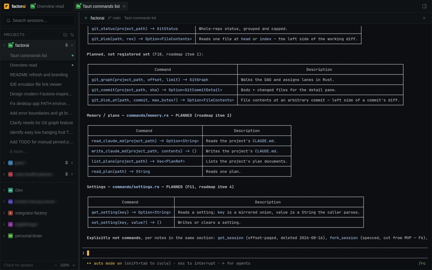 factorai running a live session, with the sidebar showing session status