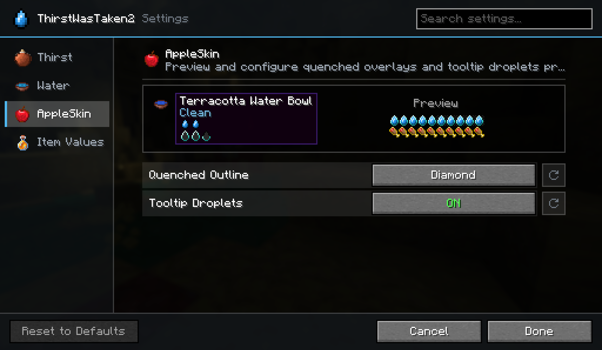 The ThirstWasTaken2 settings screen on its AppleSkin page, with the live preview