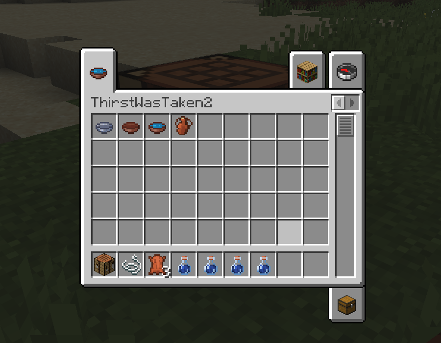 The ThirstWasTaken2 creative tab containing its bowls and waterskin